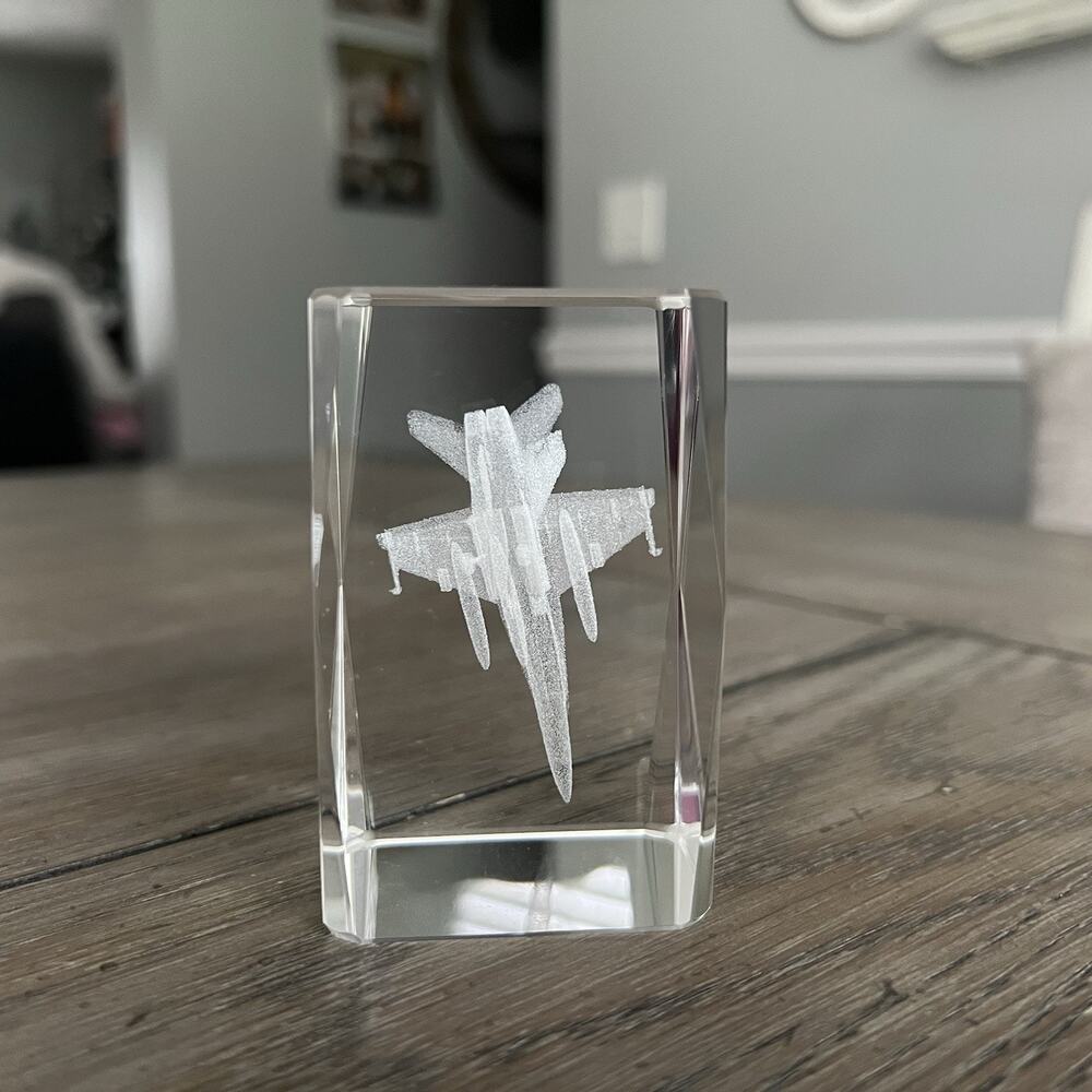 3D Laser Etched Fighter Jet Crystal Glass Block Military Aviation Paperweight